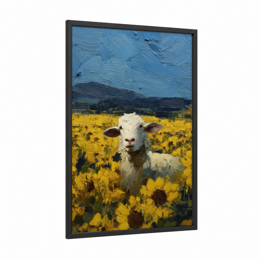 Sunflower Sheep framed art print — black wood frame — blue and yellow palette