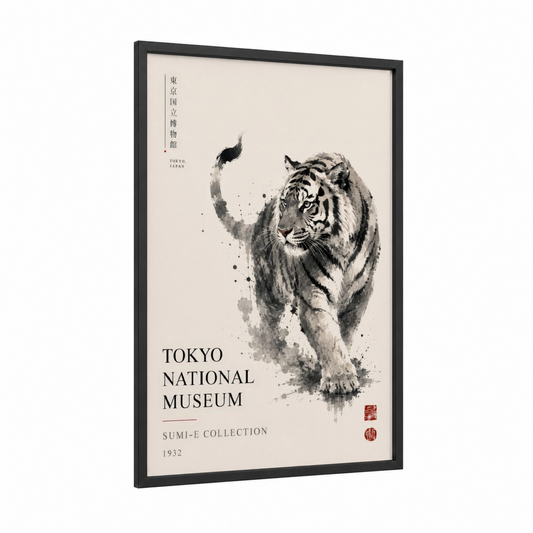 Japanese Tiger Ink Brush Wall Art framed art print — black wood frame — black and white and beige palette