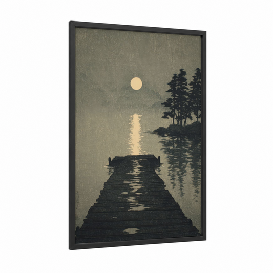 Moonlit Dock framed docks and piers print — black wood frame — black and white and gray palette