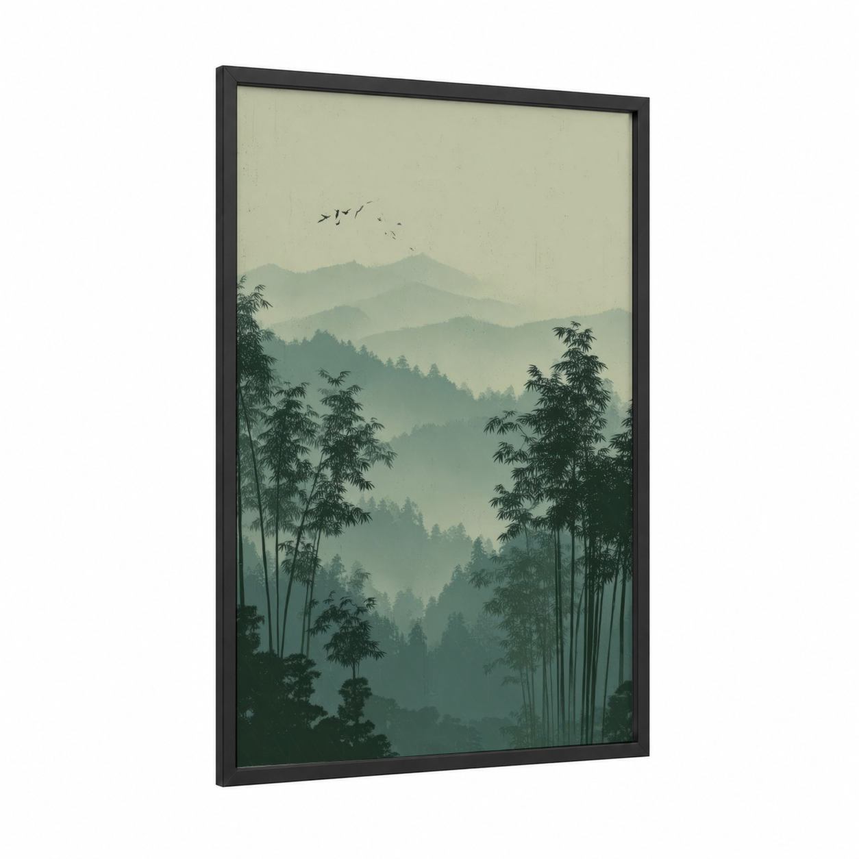 Misty Bamboo Valley framed bamboo jungle print — black wood frame — sage green and cream palette
