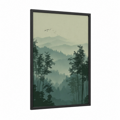 Misty Bamboo Valley framed bamboo jungle print — black wood frame — sage green and cream palette