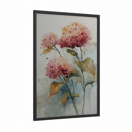 Dusty Rose Hydrangea framed art print — black wood frame — salmon pink and cream palette