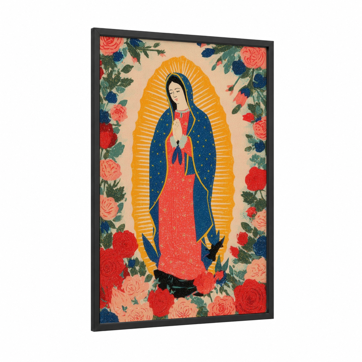 Sacred Mary framed virgin mary print — black wood frame — red and gold palette