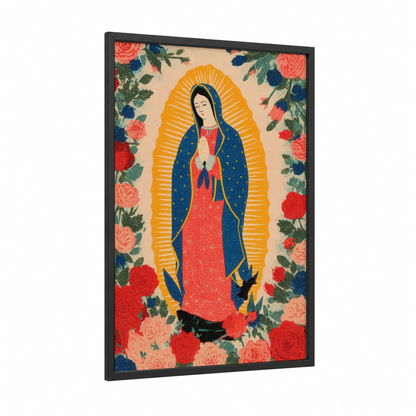 Sacred Mary framed virgin mary print — black wood frame — red and gold palette