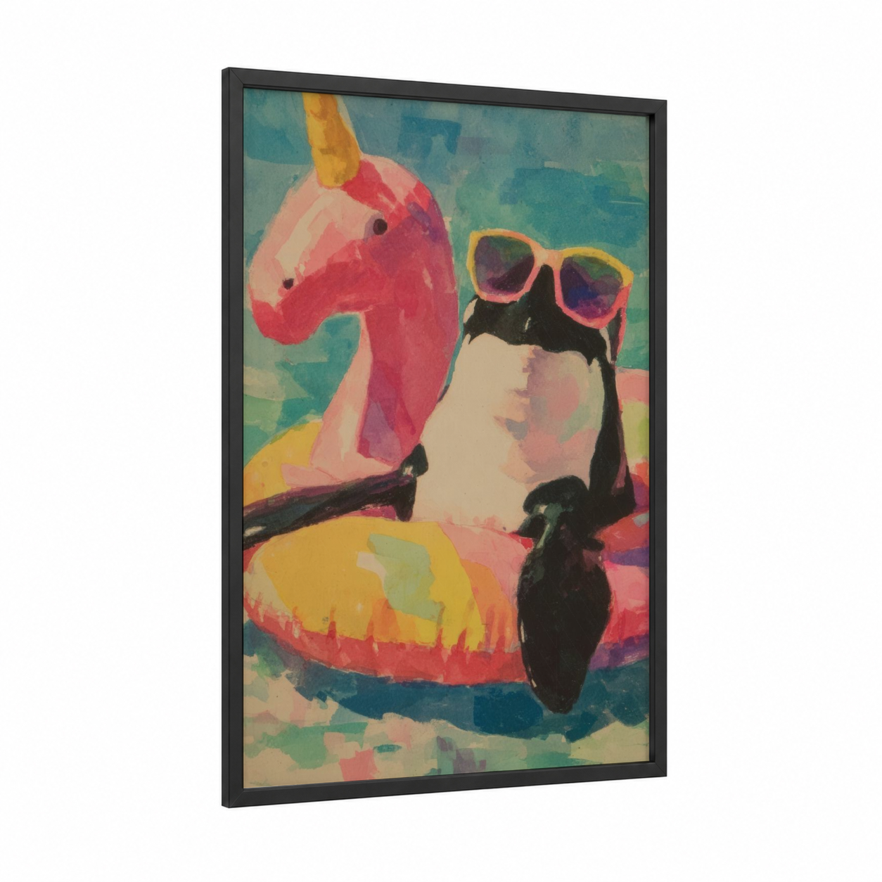 Party Orca framed orca whale print — black wood frame — pink and teal palette