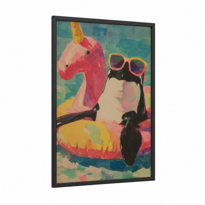 Party Orca framed orca whale print — black wood frame — pink and teal palette