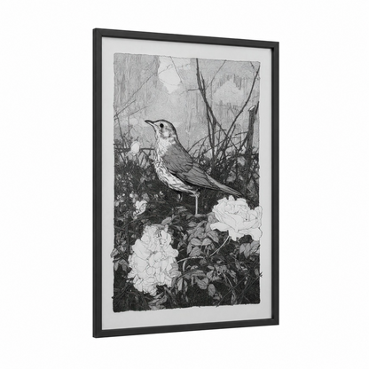 Garden Thrush framed art print — black wood frame — black and white and gray palette