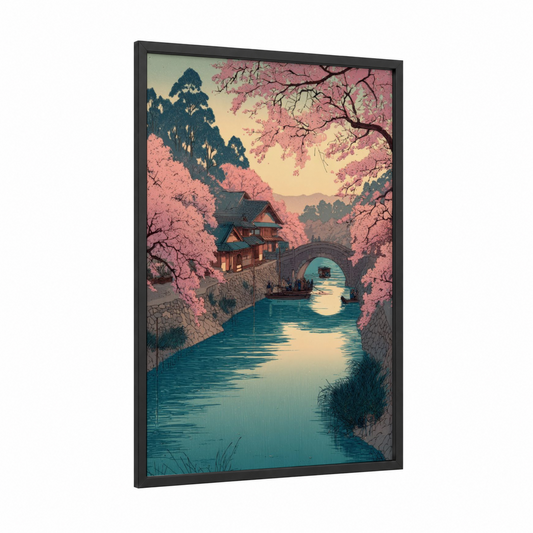 Cherry Blossom Bridge framed cherry blossoms print — black wood frame — pink and teal palette