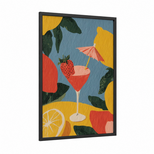 Tropical Cocktail framed art print — black wood frame — yellow gold and red palette
