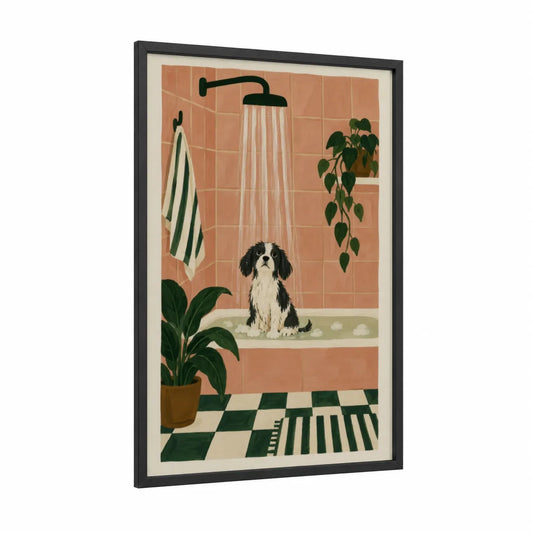 Spaniel Shower Bathroom Wall Art framed dogs print — black wood frame — peach and dark green palette