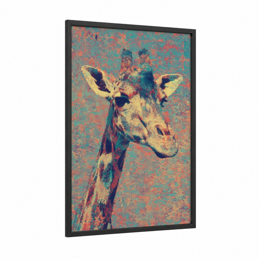 Crimson Giraffe framed art print — black wood frame — pink and teal palette