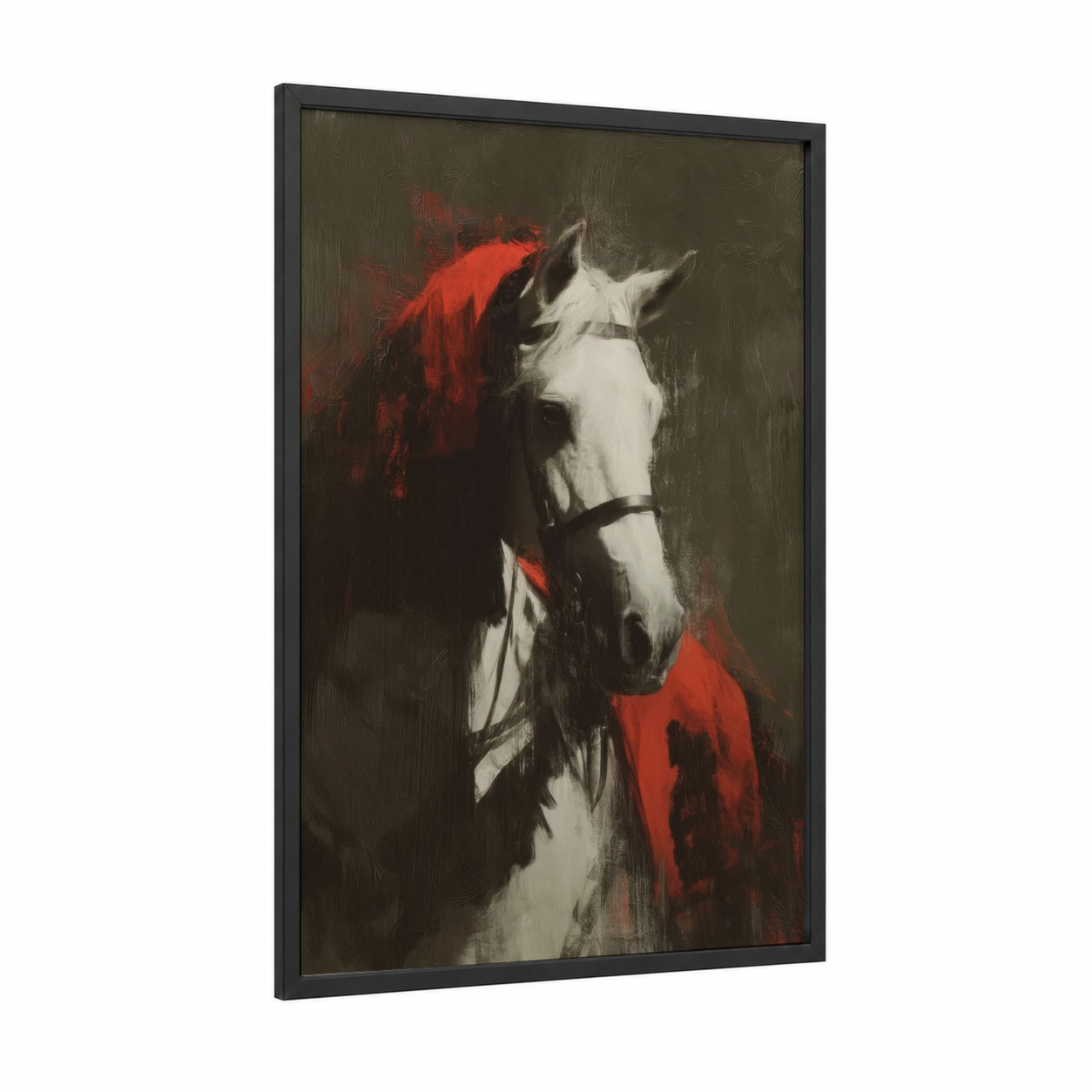 Crimson Andalusian framed andalusian horse print — black wood frame — red and black and white palette