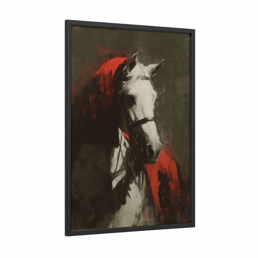 Crimson Andalusian framed andalusian horse print — black wood frame — red and black and white palette