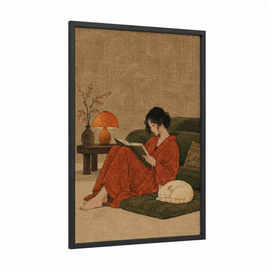 Woman Reading with Cat Wall Art framed art print — black wood frame — orange and beige palette