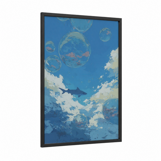 Dreaming Shark framed sand tiger shark print — black wood frame — blue and cream palette