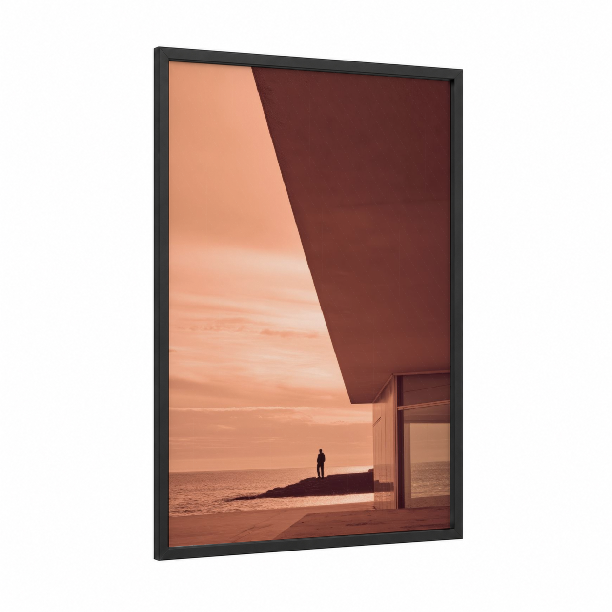 Coastal Modernism framed abstract architecture print — black wood frame — peach and maroon palette