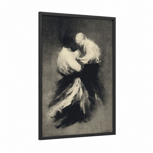 Dynamic Grapple framed jiu jutsu print — black wood frame — black and white and gray palette
