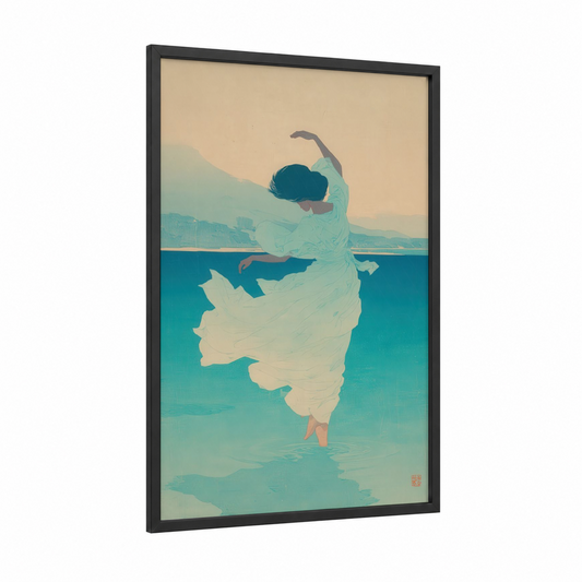 Coastal Hula Dancer framed art print — black wood frame — turquoise and cream palette