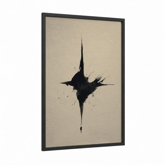 Minimalist Compass framed art print — black wood frame — black and white and cream palette
