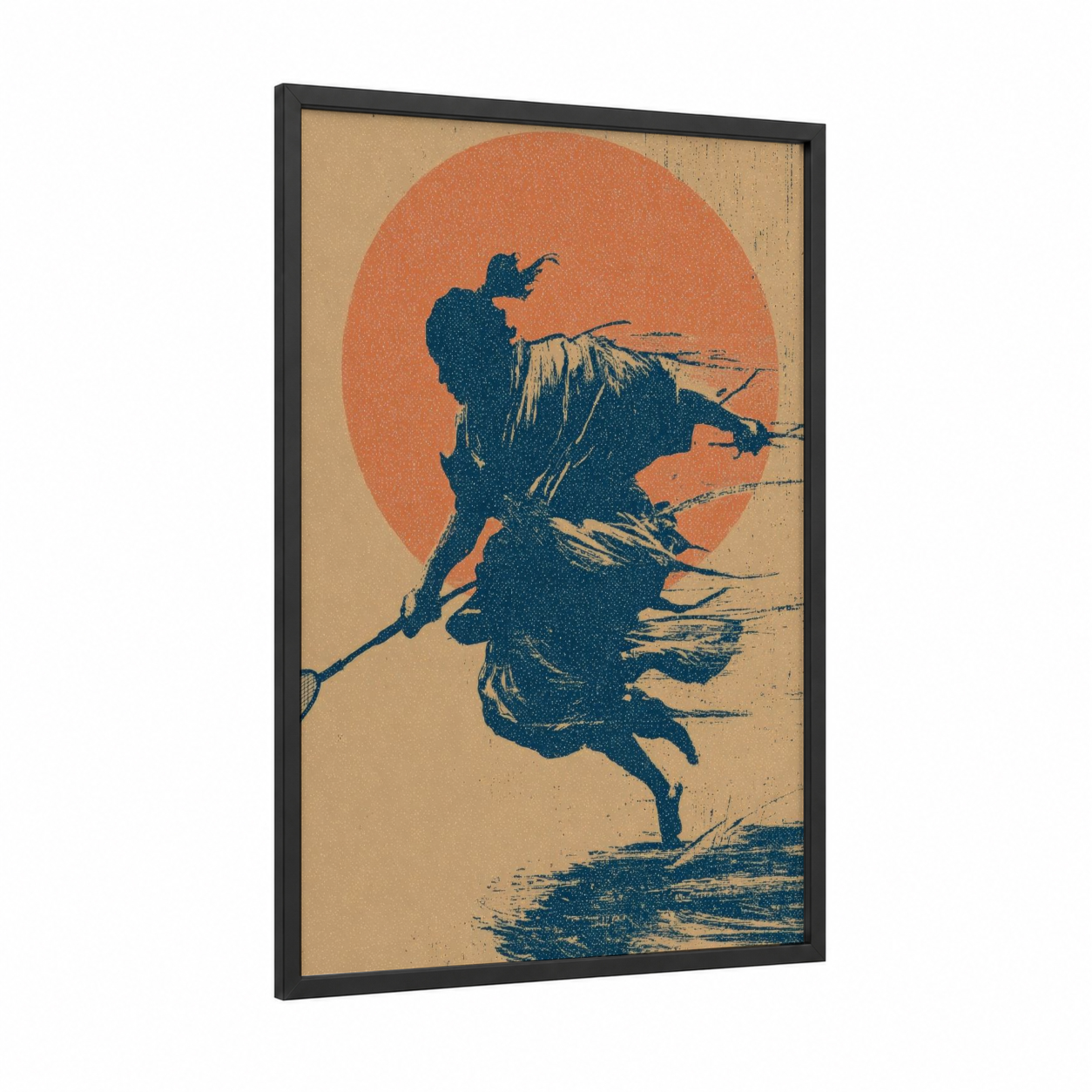 Sunset Badminton framed art print — black wood frame — orange and dark blue palette