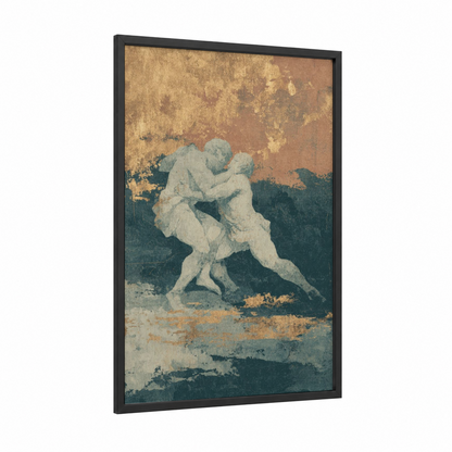 Classical Wrestling framed art print — black wood frame — cream and dark green palette