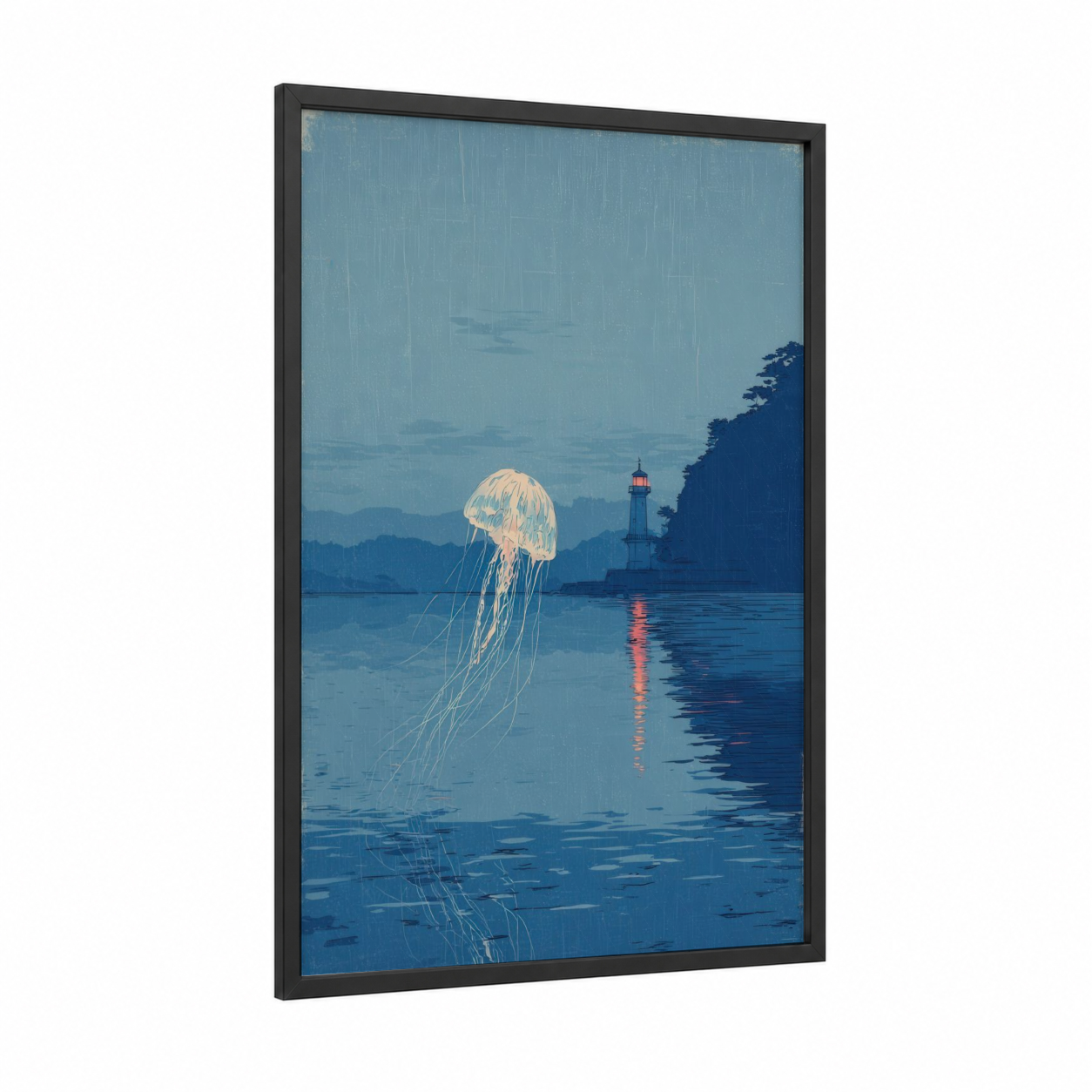 Luminous Jellyfish framed art print — black wood frame — blue and gold palette