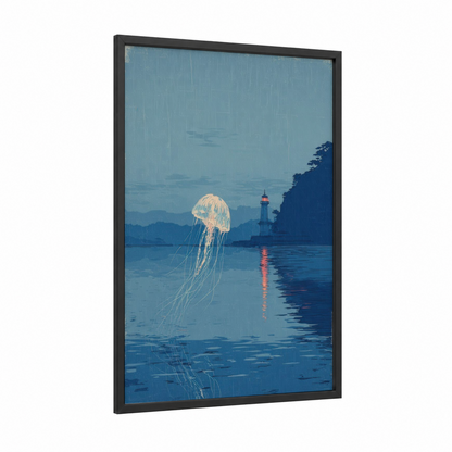 Luminous Jellyfish framed art print — black wood frame — blue and gold palette