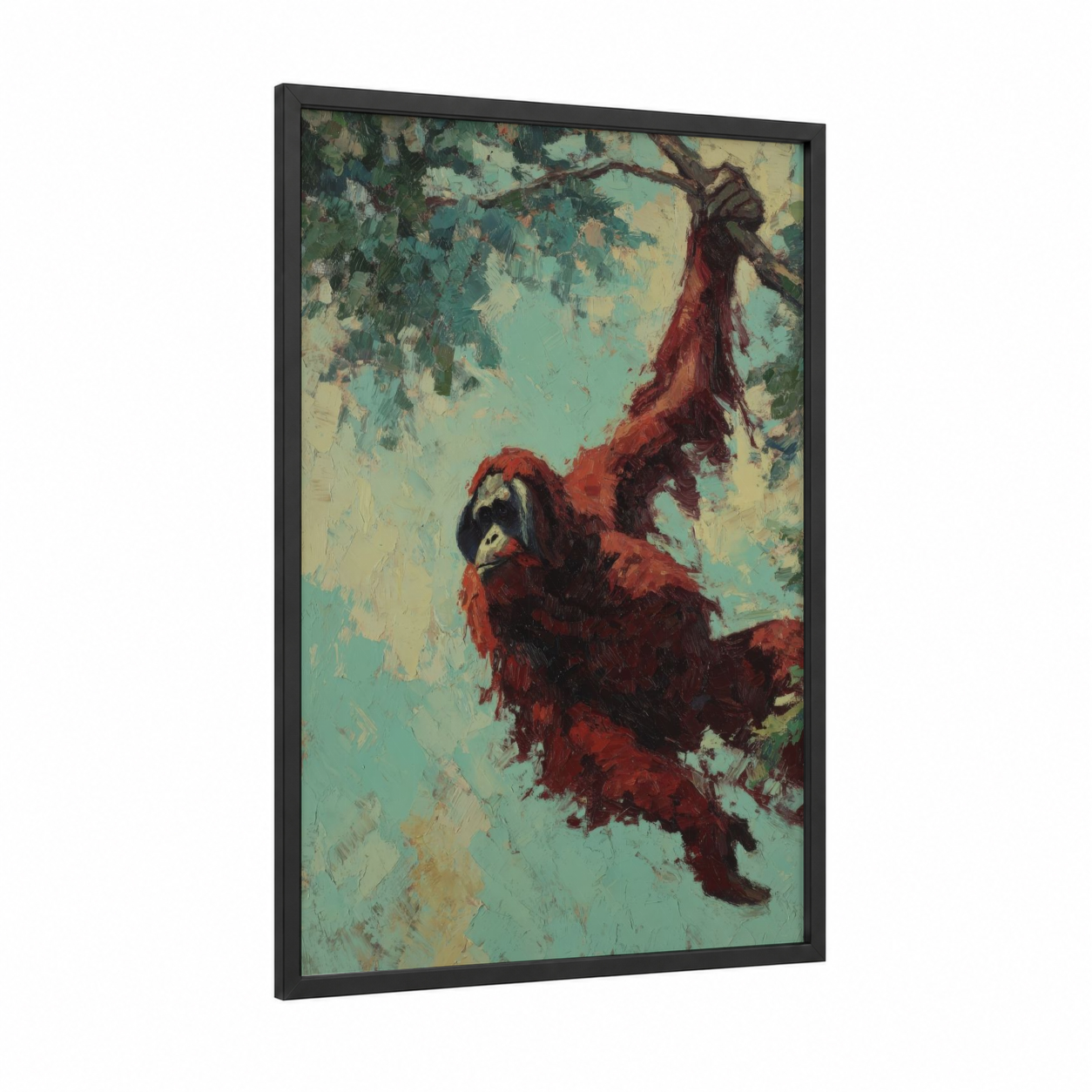 Crimson Orangutan framed art print — black wood frame — red and teal palette