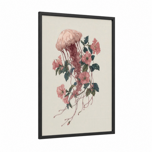 Blooming Jellyfish framed art print — black wood frame — salmon pink and dark green palette