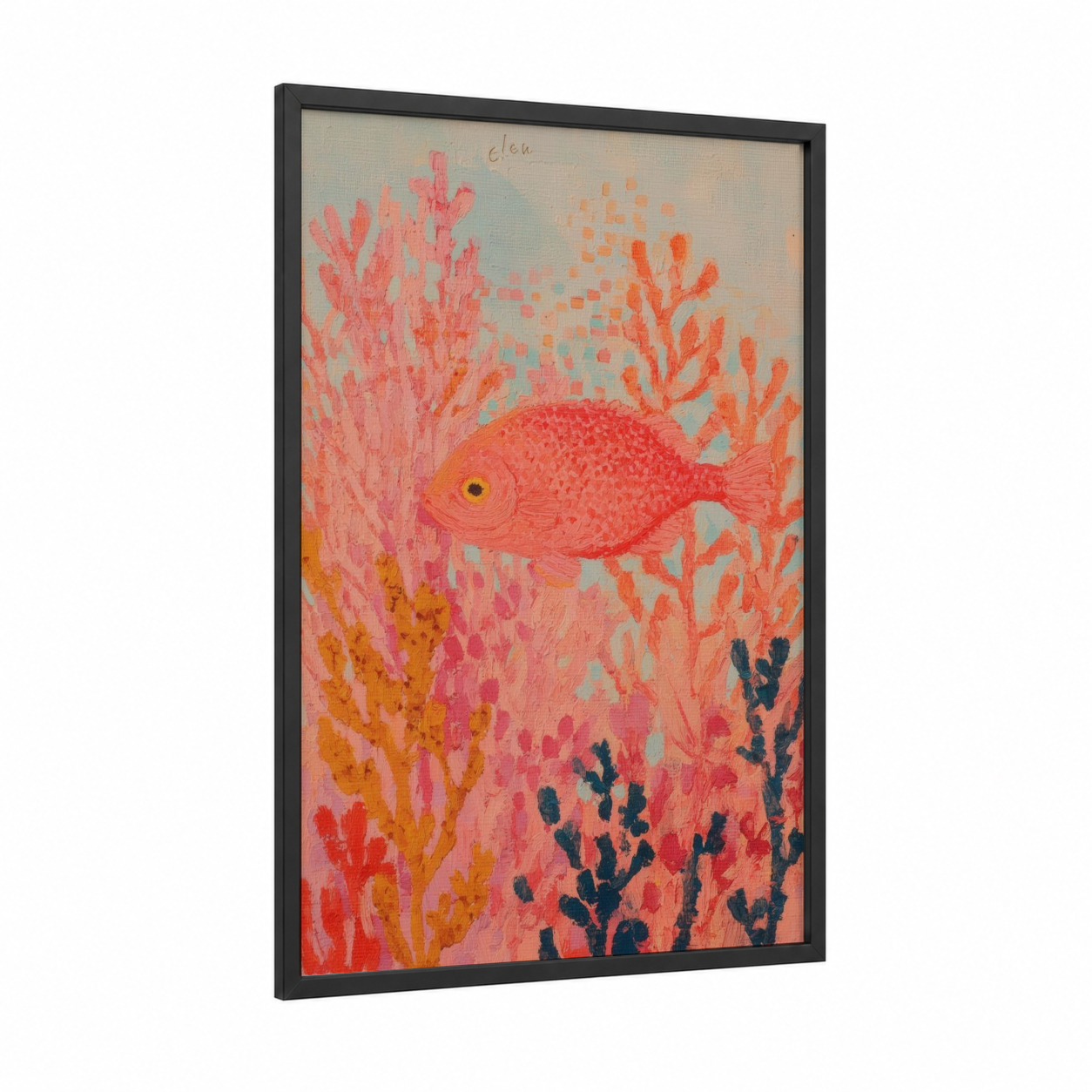 Coral Garden Fish framed art print — black wood frame — salmon pink and orange palette