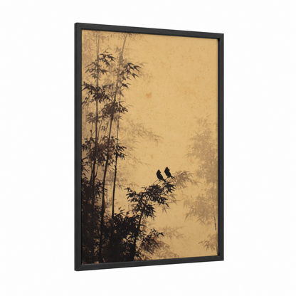 Misty Bamboo Pair framed bamboo jungle print — black wood frame — champagne gold and black palette