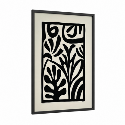Organic Composition framed abstract minimalist print — black wood frame — black and white palette
