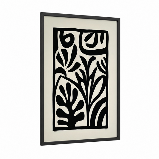 Organic Composition framed abstract minimalist print — black wood frame — black and white palette
