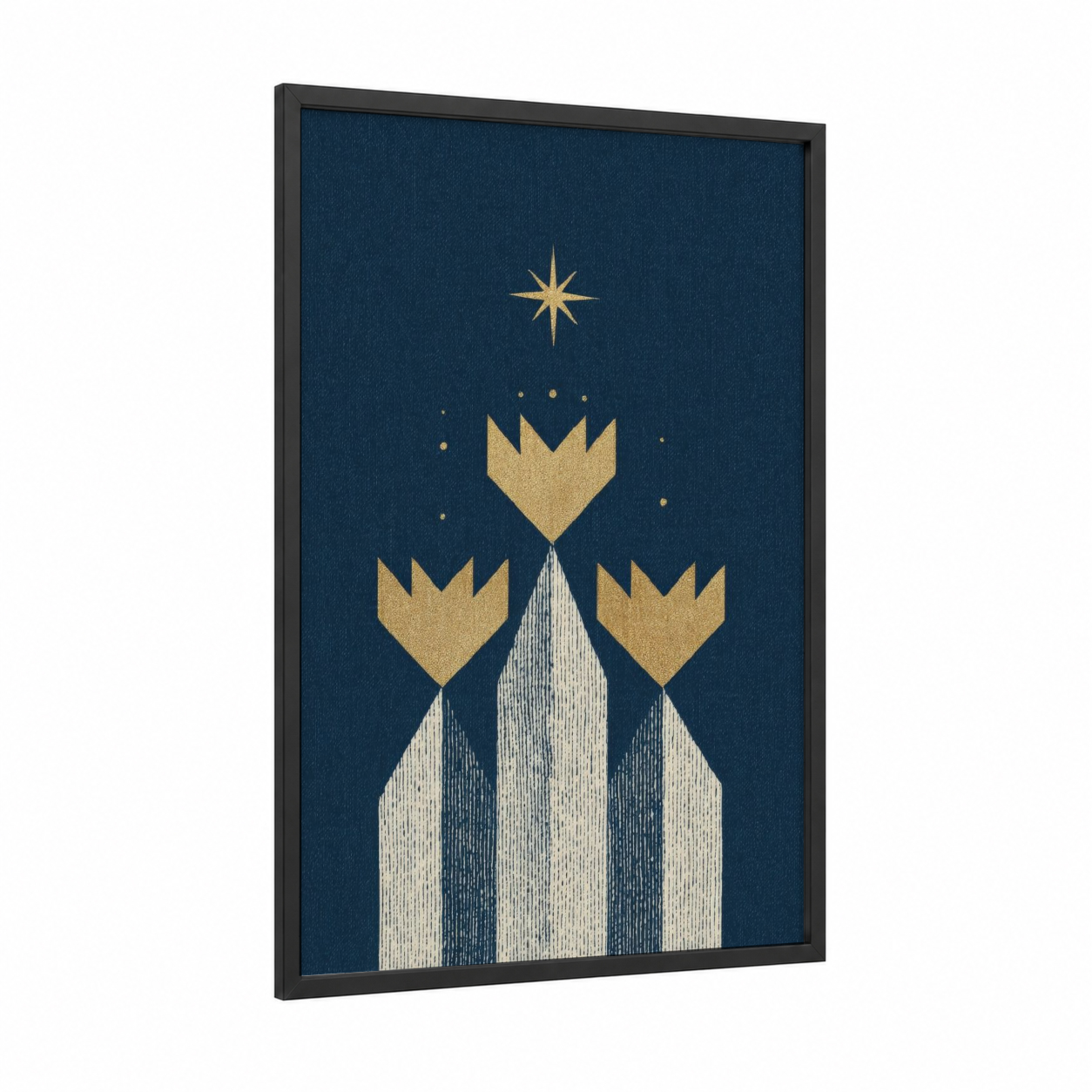 Golden Epiphany framed art print — black wood frame — dark blue and gold palette