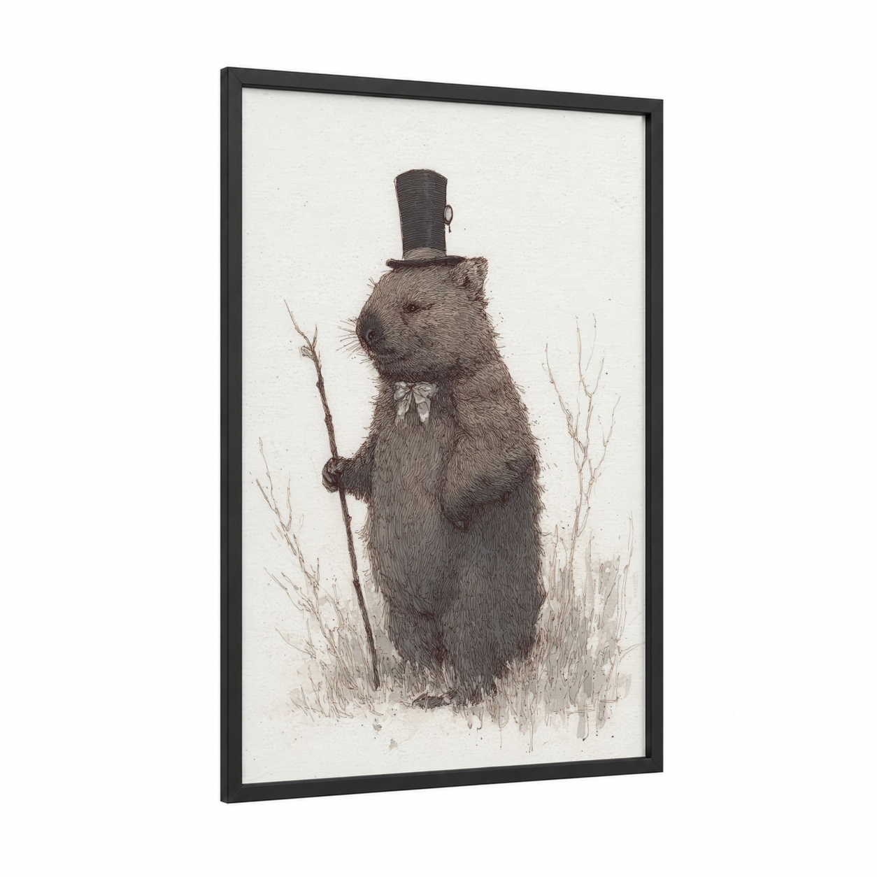 Dapper Wombat framed art print — black wood frame — black and white palette