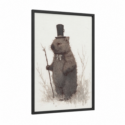 Dapper Wombat framed art print — black wood frame — black and white palette