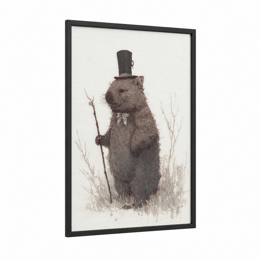 Dapper Wombat framed art print — black wood frame — black and white palette