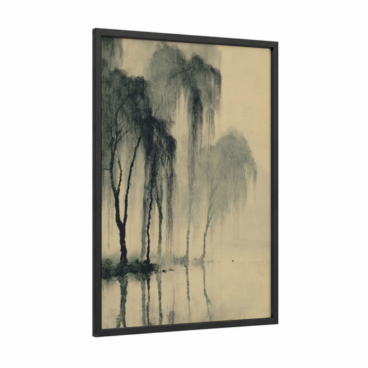 Misty Willow Forest framed art print — black wood frame — gray and cream palette