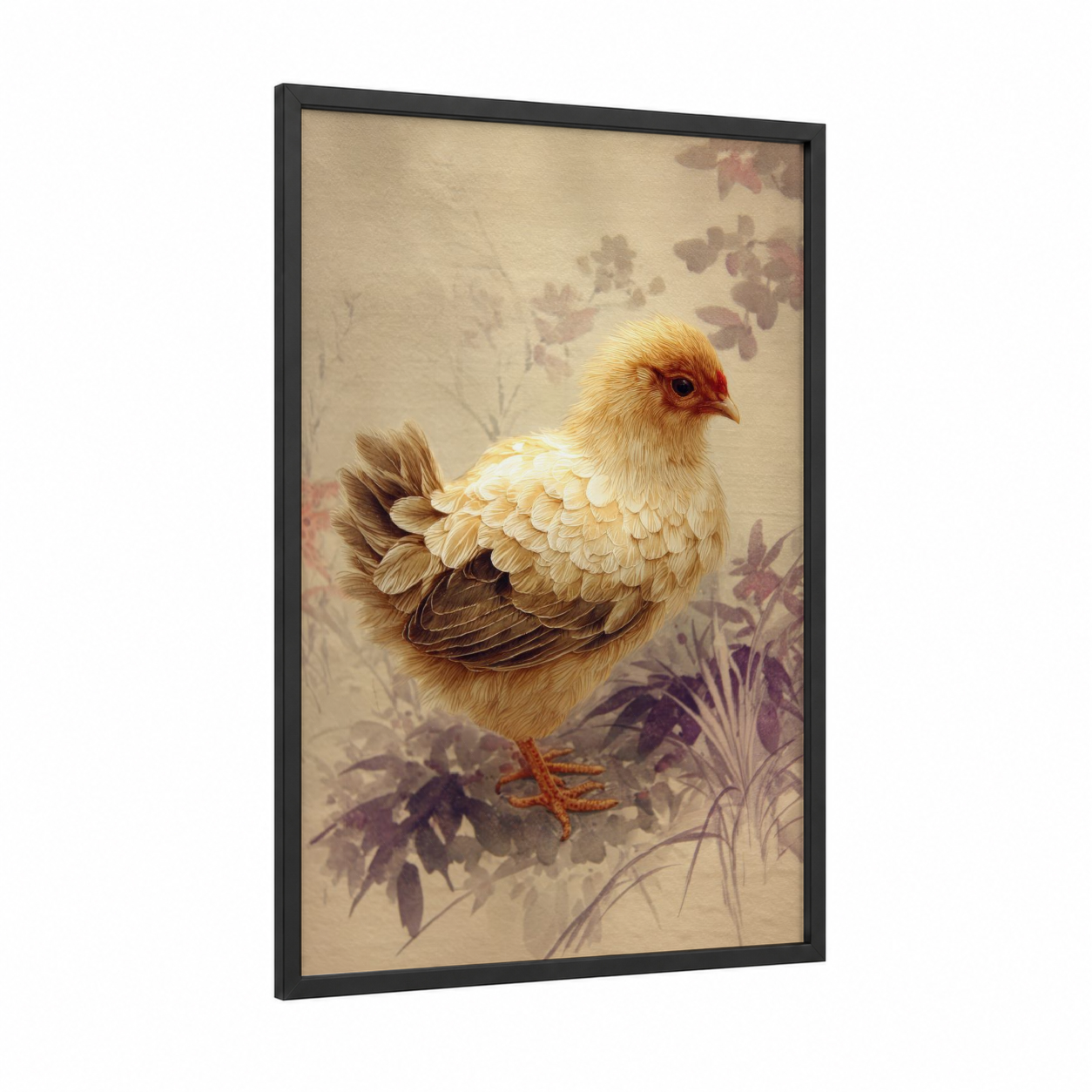 Golden Chick Portrait framed chicken and roosters print — black wood frame — cream and gold palette