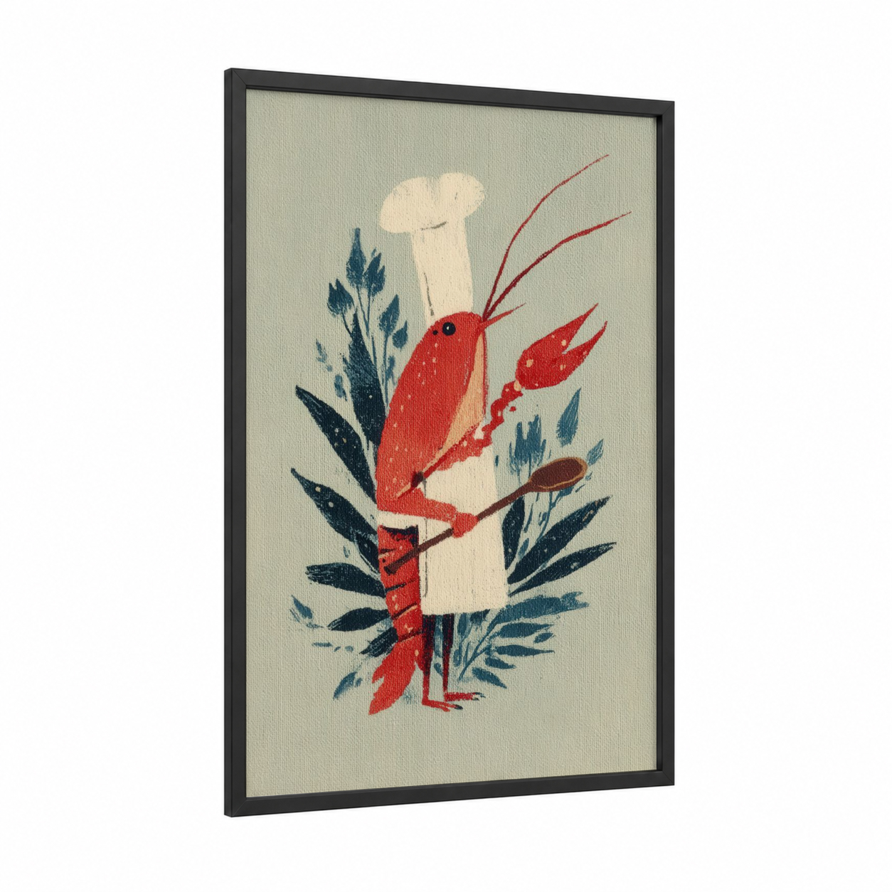 Red Crayfish Botanicals framed art print — black wood frame — red and dark blue palette