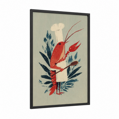 Red Crayfish Botanicals framed art print — black wood frame — red and dark blue palette