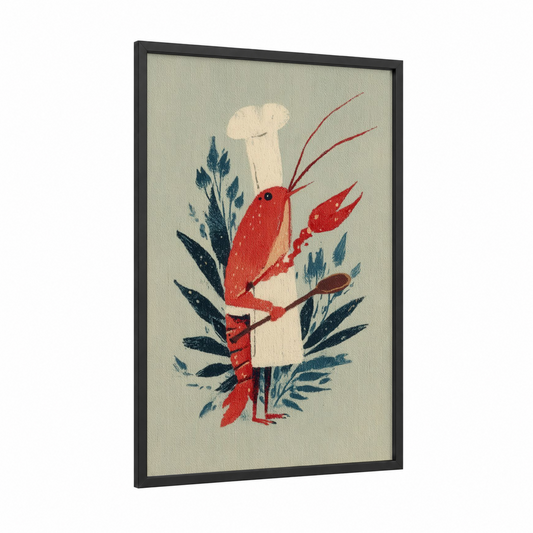 Red Crayfish Botanicals framed art print — black wood frame — red and dark blue palette