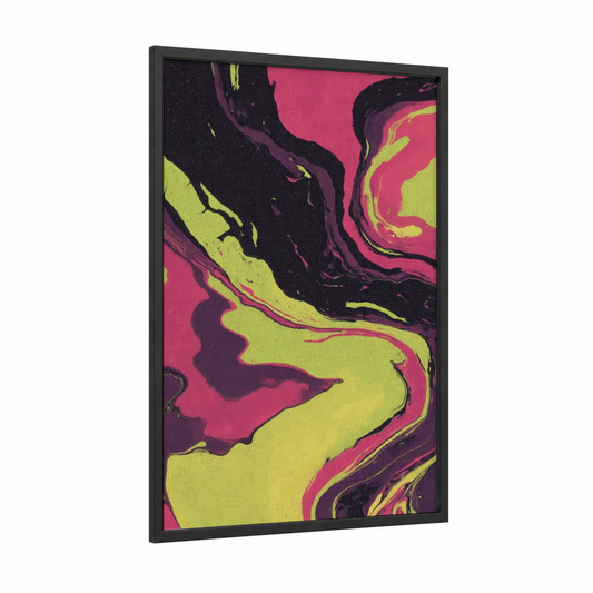 Neon Swirl Art framed body art print — black wood frame — magenta and lime green palette