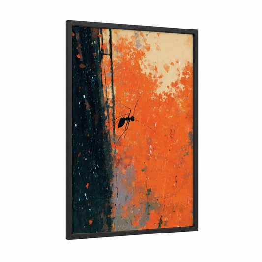 Solitary Ant framed art print — black wood frame — orange and black palette