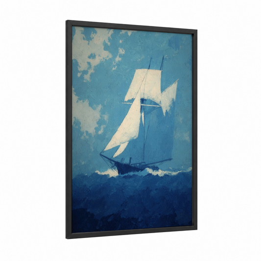 Misty Sailing framed art print — black wood frame — blue and white and blue palette
