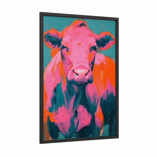 Pop Art Angus framed angus cow print — black wood frame — magenta and orange palette