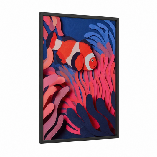 Crimson Clownfish framed clown fish print — black wood frame — red and blue palette