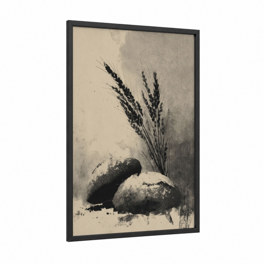 Rustic Bread Study framed baking print — black wood frame — beige and black and white palette