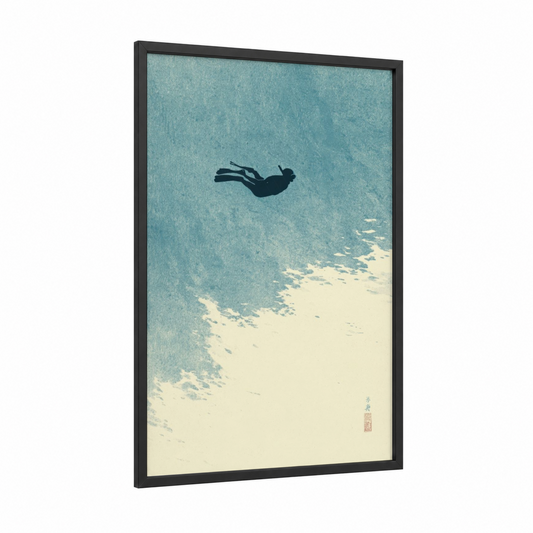 Serene Diver framed snorkeling print — black wood frame — blue and white and aquamarine palette