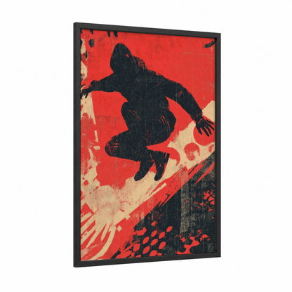 Urban Parkour framed art print — black wood frame — red and black and white palette